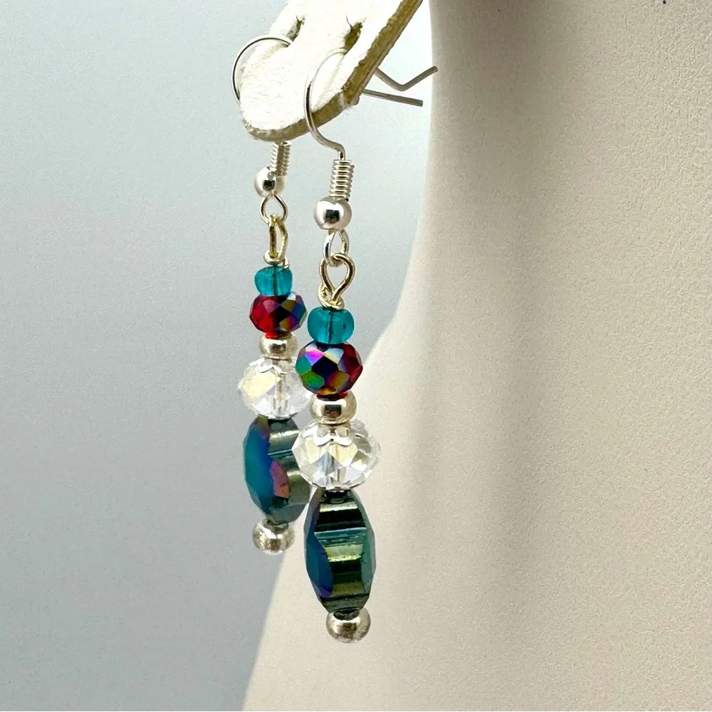 Artisan Made Multicolor Crystal Clover Dangle Earrings and Silver Plated Hooks